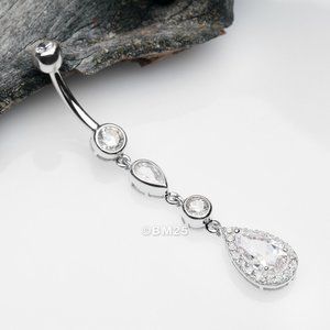 14 Karat White Gold Brilliant Teardrop Cascading Sparkle Belly Button Ring